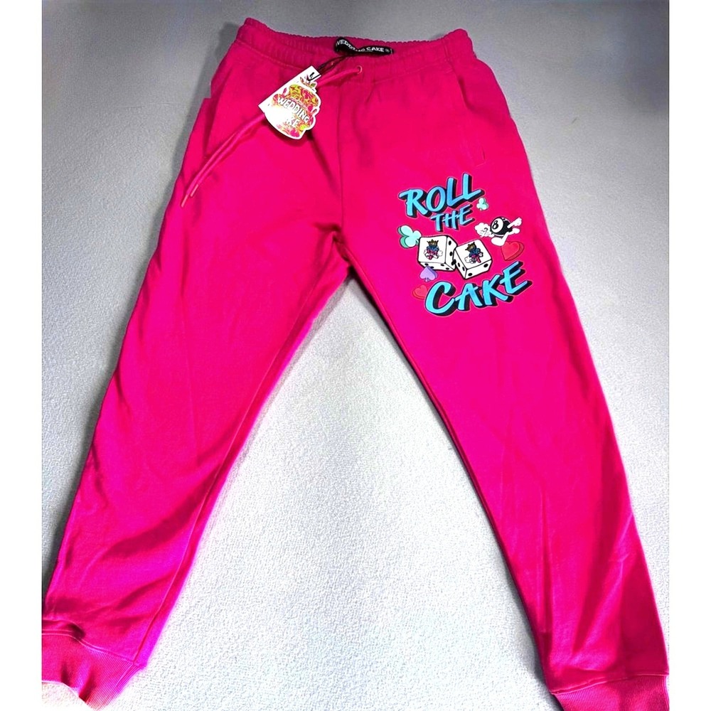 Wedding Cake Roll The Cake Hot Pink Graphic Sweatpants Joggers Womens Medium NWT